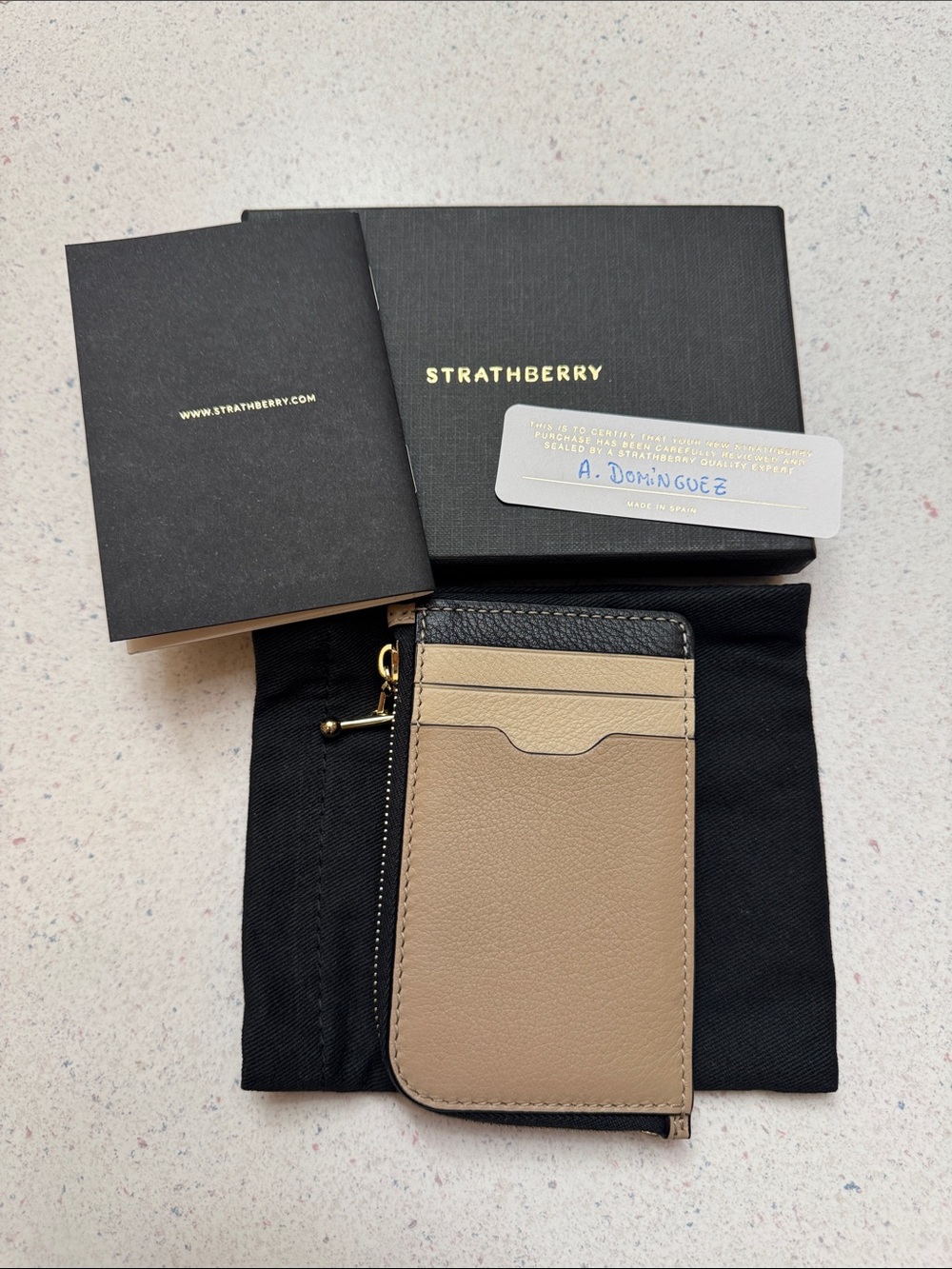 Strathberry Tri Oat/Black/Mushroom Leather Card Holder with Zipper